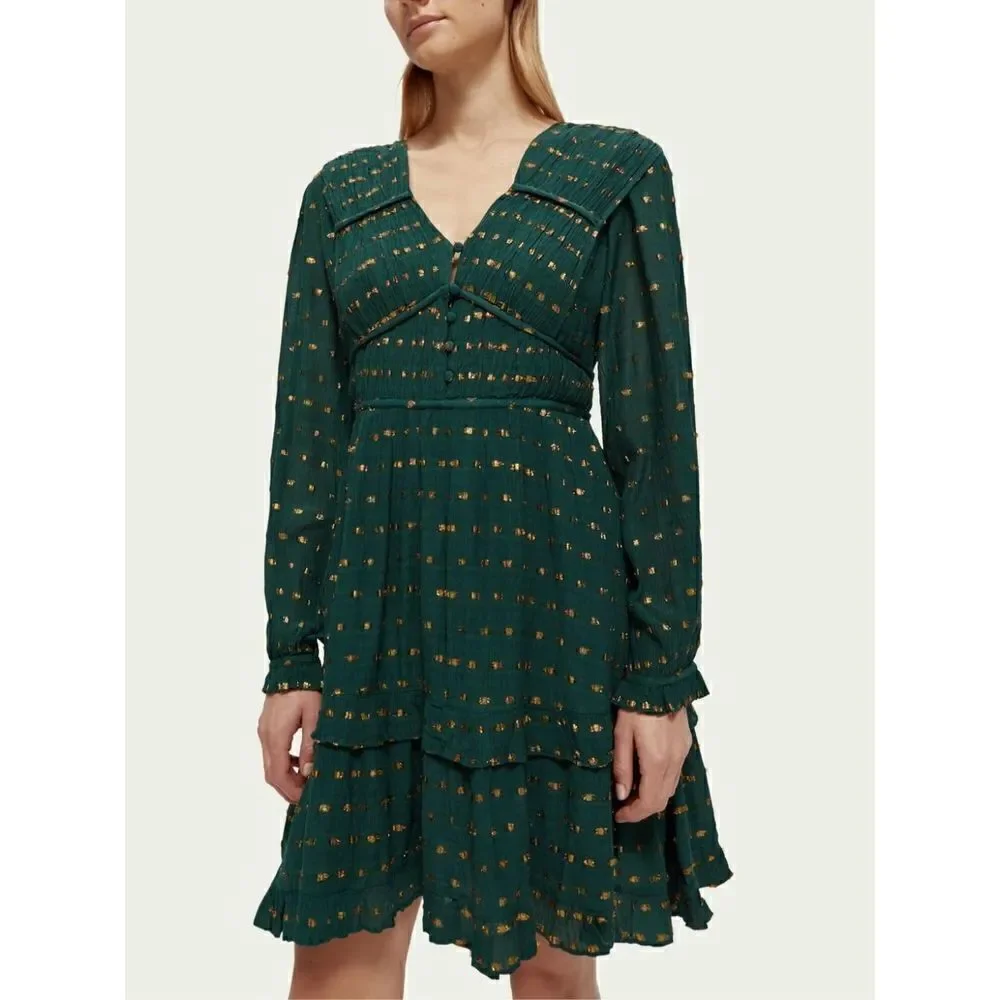 Scotch & Soda Long Sleeved Lurex Jacquard Ruffle Green Dress size M NWT$248 - Picture 3 of 9